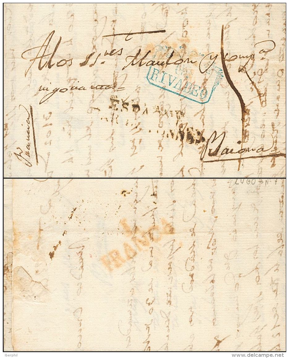 Sobre  1825. Prefilatelia. Galicia. RIVADEO A BAYONA (FRANCIA). Marca G.A. / RIVADEO, En Azul (P.E.3) Edici&oacute;n 200 - ...-1850 Voorfilatelie