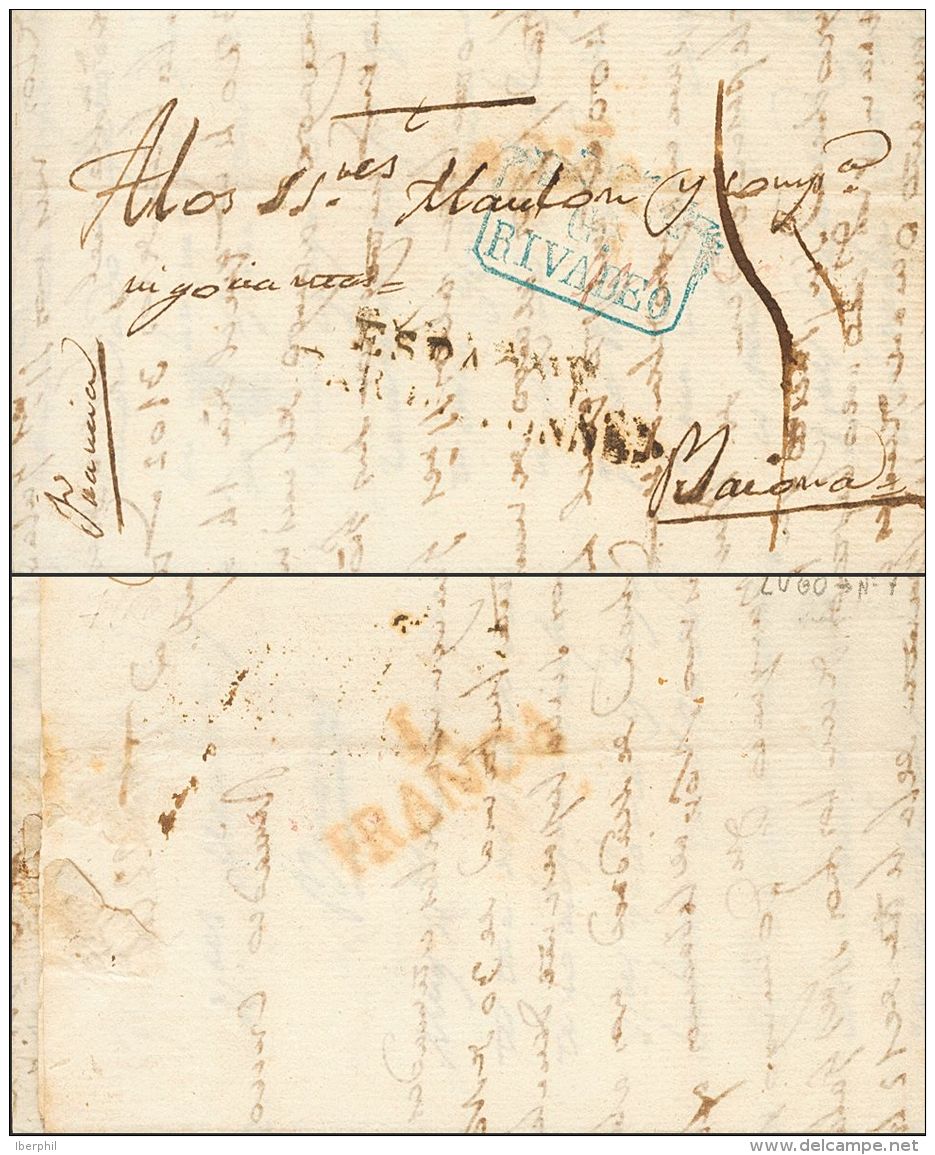 Sobre  1825. Prefilatelia. Galicia. RIVADEO A BAYONA (FRANCIA). Marca G.A. / RIVADEO, En Azul (P.E.3) Edici&oacute;n 200 - ...-1850 Prephilately