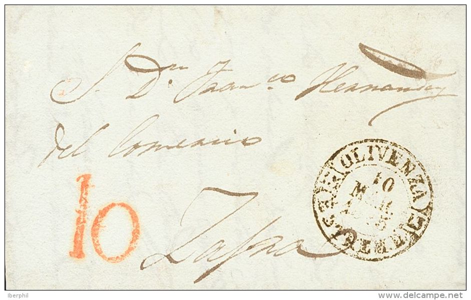 Sobre  1845. Extremadura. Prefilatelia. OLIVENZA A ZAFRA. Baeza OLIVENZA / ESTREM.B., En Negro. MAGNIFICA Y RARA. - ...-1850 Prephilately