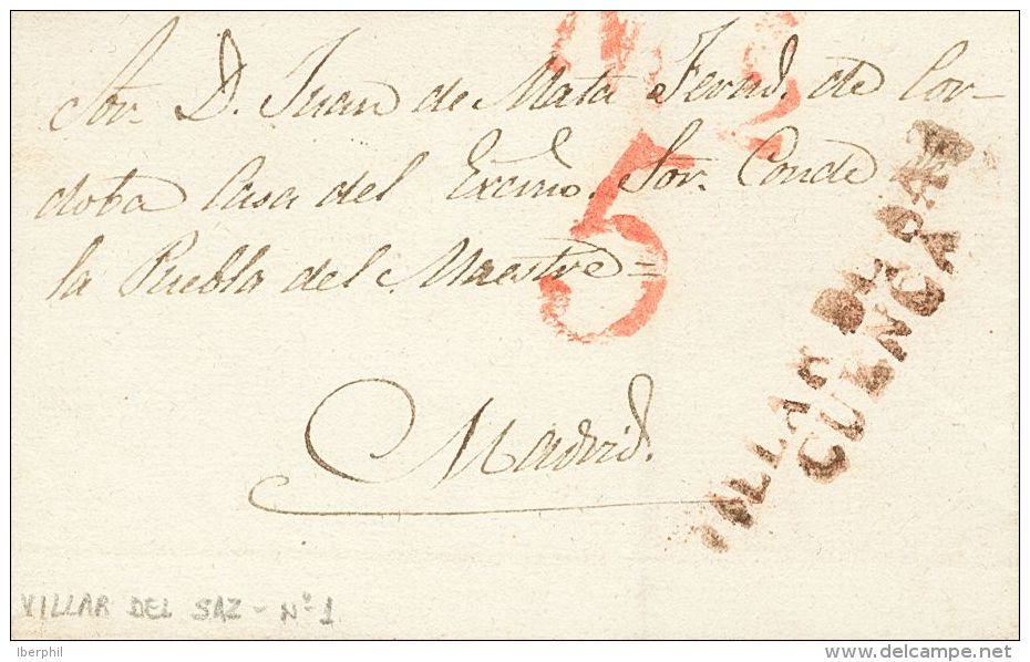 Sobre  (1818ca). Castilla-La Mancha. Prefilatelia. VILLAR DEL SAZ A MADRID. Marca VILLAR DEL SAZ / CUENCA, En Rojo (P.E. - ...-1850 Prephilately