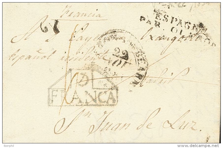 Sobre  1834. Prefilatelia. Castilla Y Le&oacute;n. VALLADOLID A SAN JUAN DE LUZ (FRANCIA). Marca VD / FRANCA (P.E.26) Ed - ...-1850 Préphilatélie