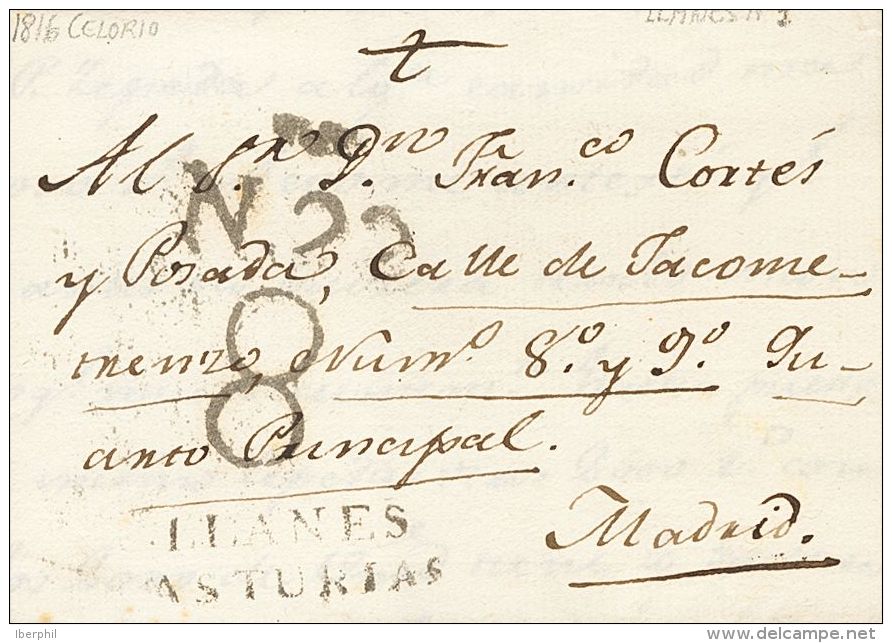 Sobre  1816. Prefilatelia. Asturias. CELORIO A MADRID. Marca LLANES / ASTURIAS (P.E.2) Edici&oacute;n 2004. MAGNIFICA. - ...-1850 Prephilately