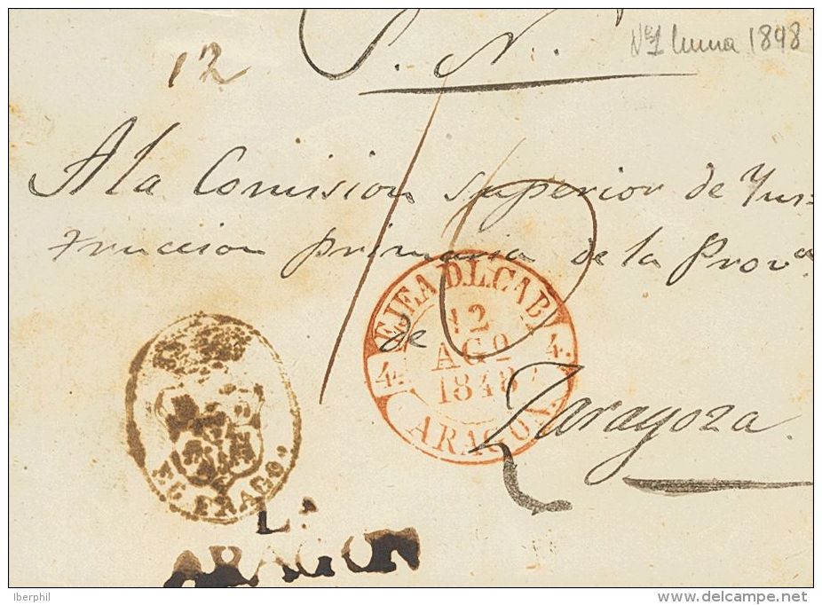 Sobre  1848. Prefilatelia. Arag&oacute;n. Frontal De EL FRAGO (ZARAGOZA) A ZARAGOZA. Marca L&ordf; / ARAGON, De Luna (Za - ...-1850 Prephilately