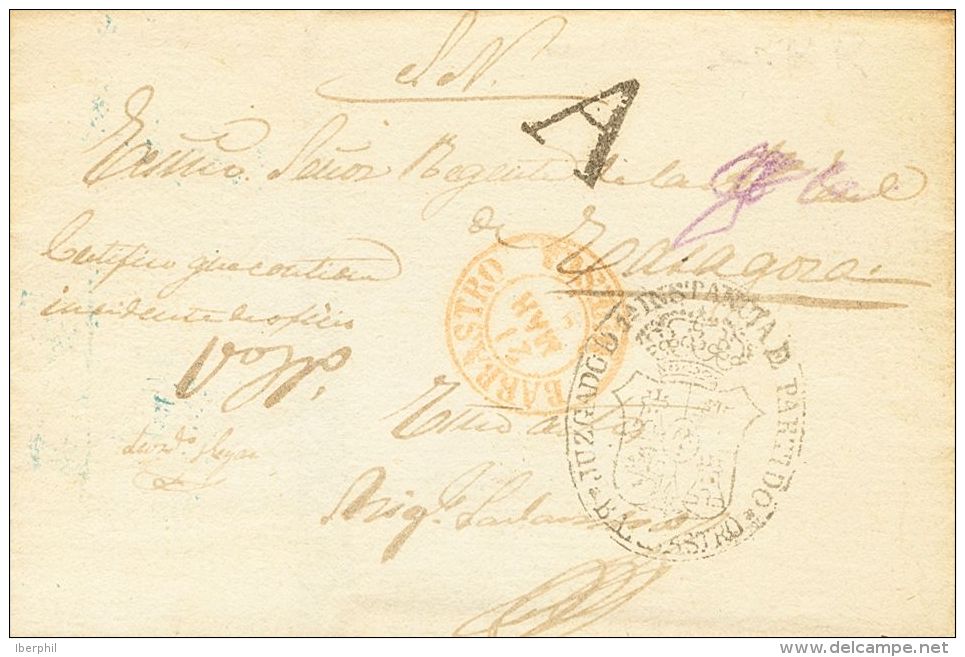 Sobre  1858. Prefilatelia. Arag&oacute;n. BARBASTRO A ZARAGOZA. Marca "A", En Negro De Abono De Barbastro (P.E.10) Edici - ...-1850 Prephilately