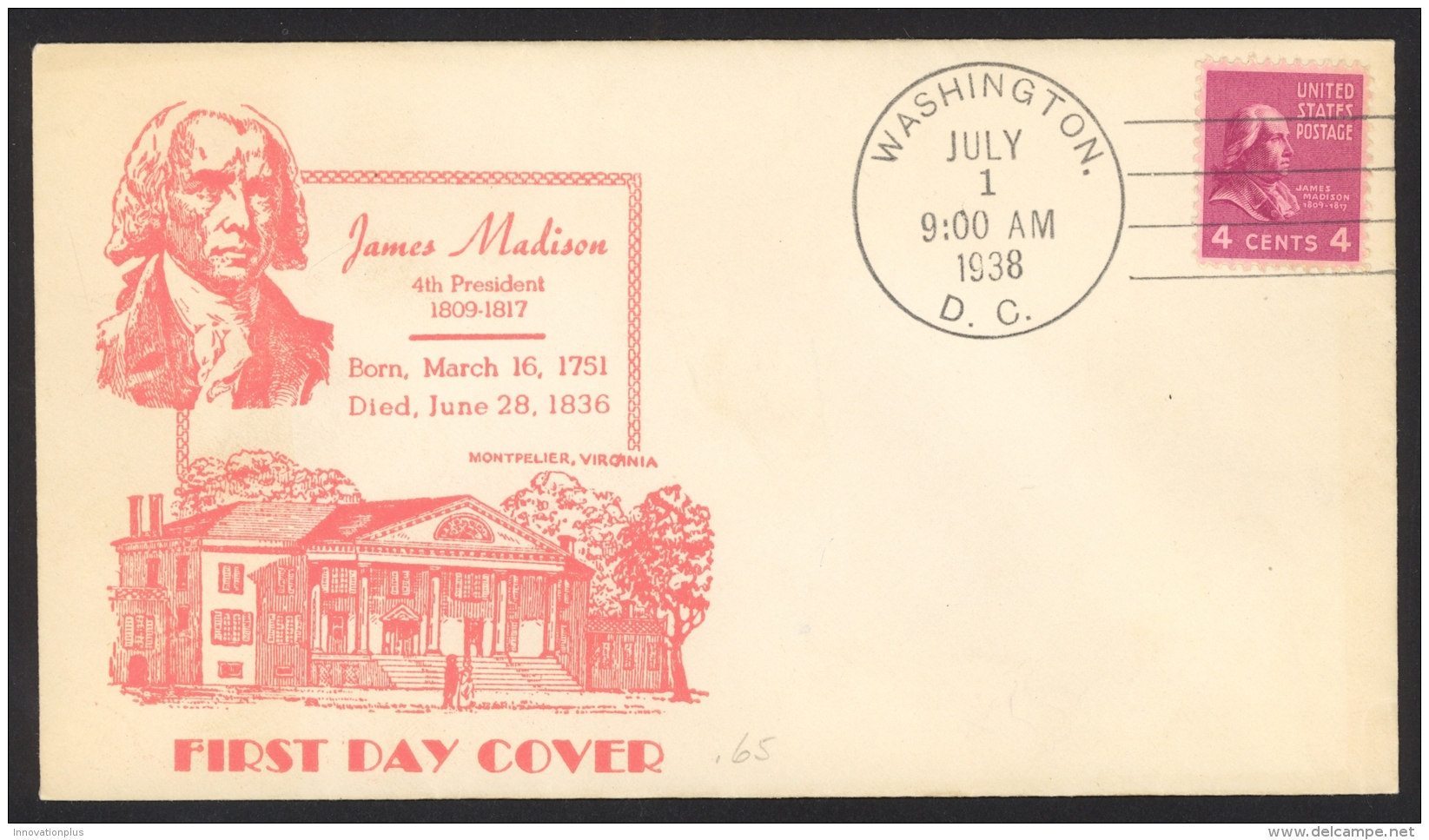 USA Sc# 808 FDC (Washington DC) 1938 7.1 James Madison - 1851-1940