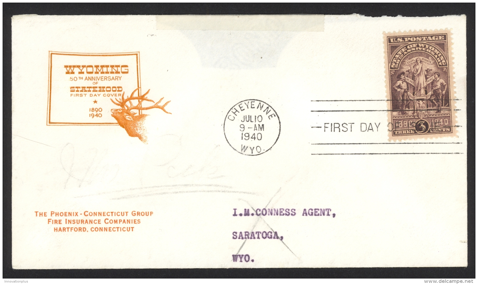 USA Sc# 897 FDC (a) (Cheyenne WY) 1940 7.10 Wyoming 50th - 1851-1940