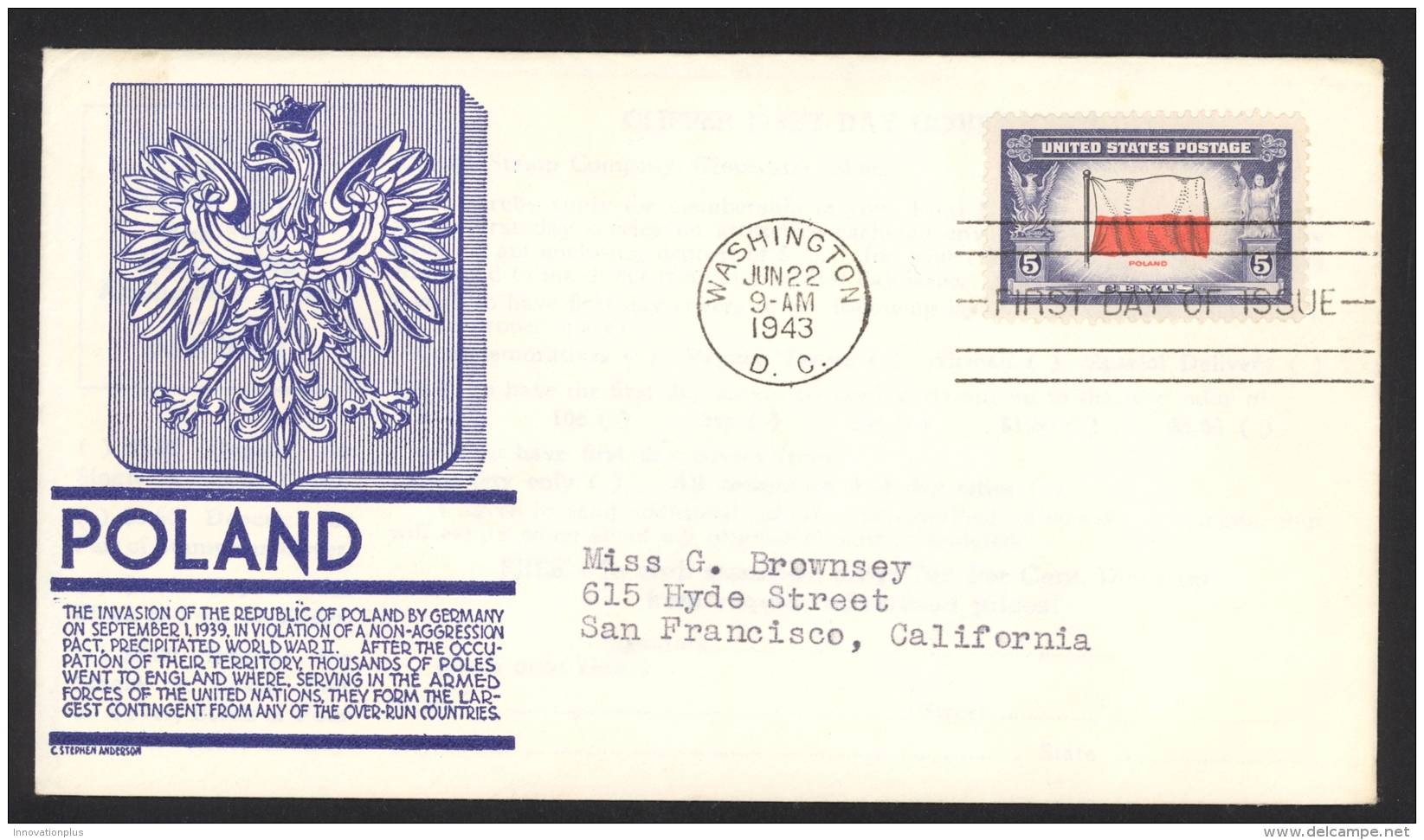 USA Sc# 909 (C. Stephen Anderson Cachet) FDC (Washington DC) 1943 6.22 Overrun Countries - Poland - 1941-1950