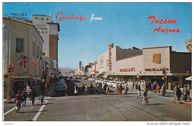 Tucson Arizona, Business District Street Scene, Auto, Bank, C1950s/60s Vintage Postcard - Tucson