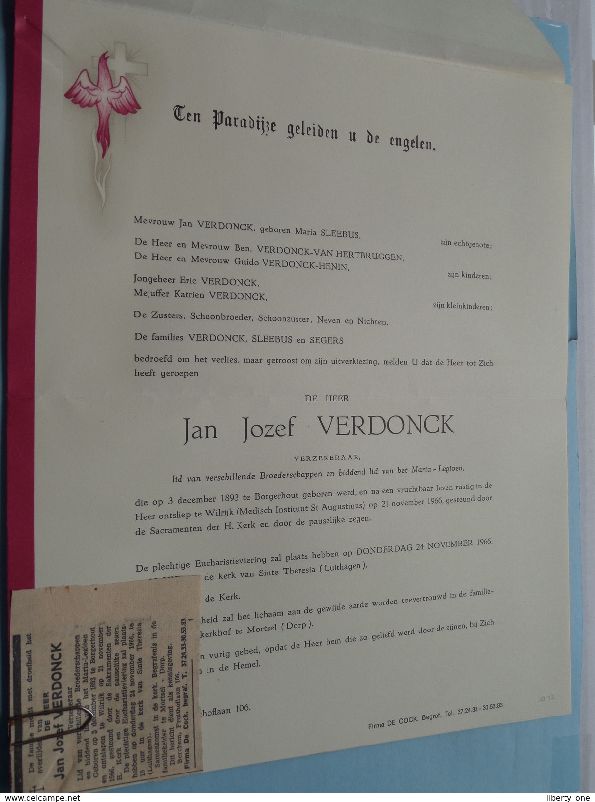 DB Jan Jozef VERDONCK () Borgerhout 3 Dec 1893 - Wilrijk 21 Nov 1966 ( Detail - Zie Foto ) + Krantartikel ! - Obituary Notices