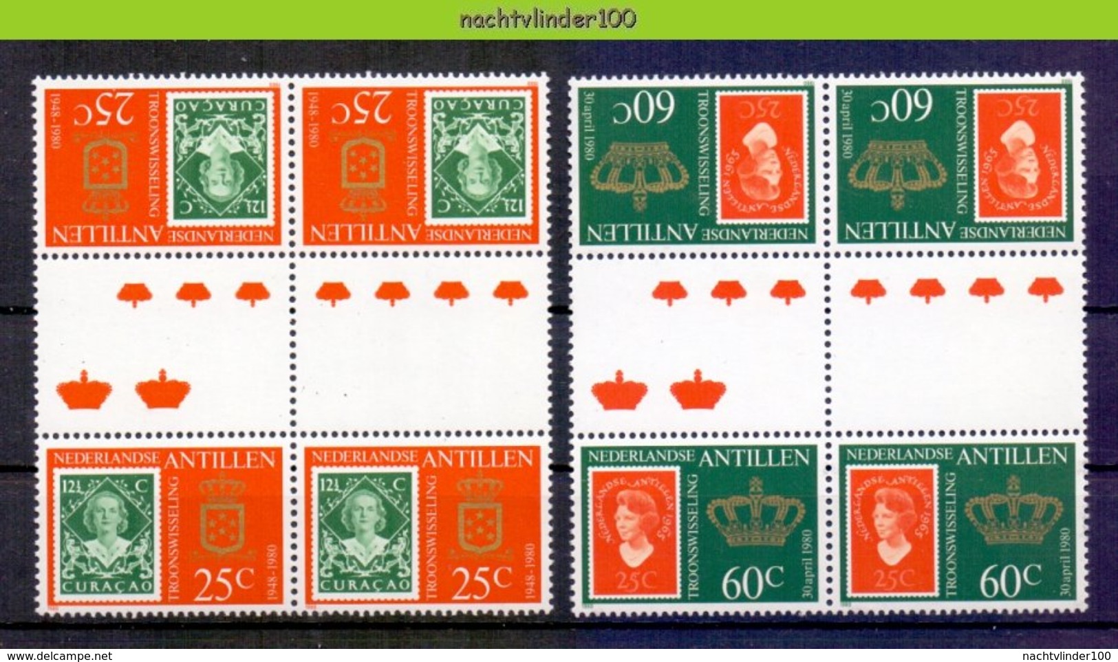 Mwa0654bx2 ZEGEL OP ZEGEL TROONSWISSELING ROYALTY STAMP ON STAMP * DOUBLE GUTTERPAIR * NEDERLANDSE ANTILLEN 1980 PF/MNH# - Antillen