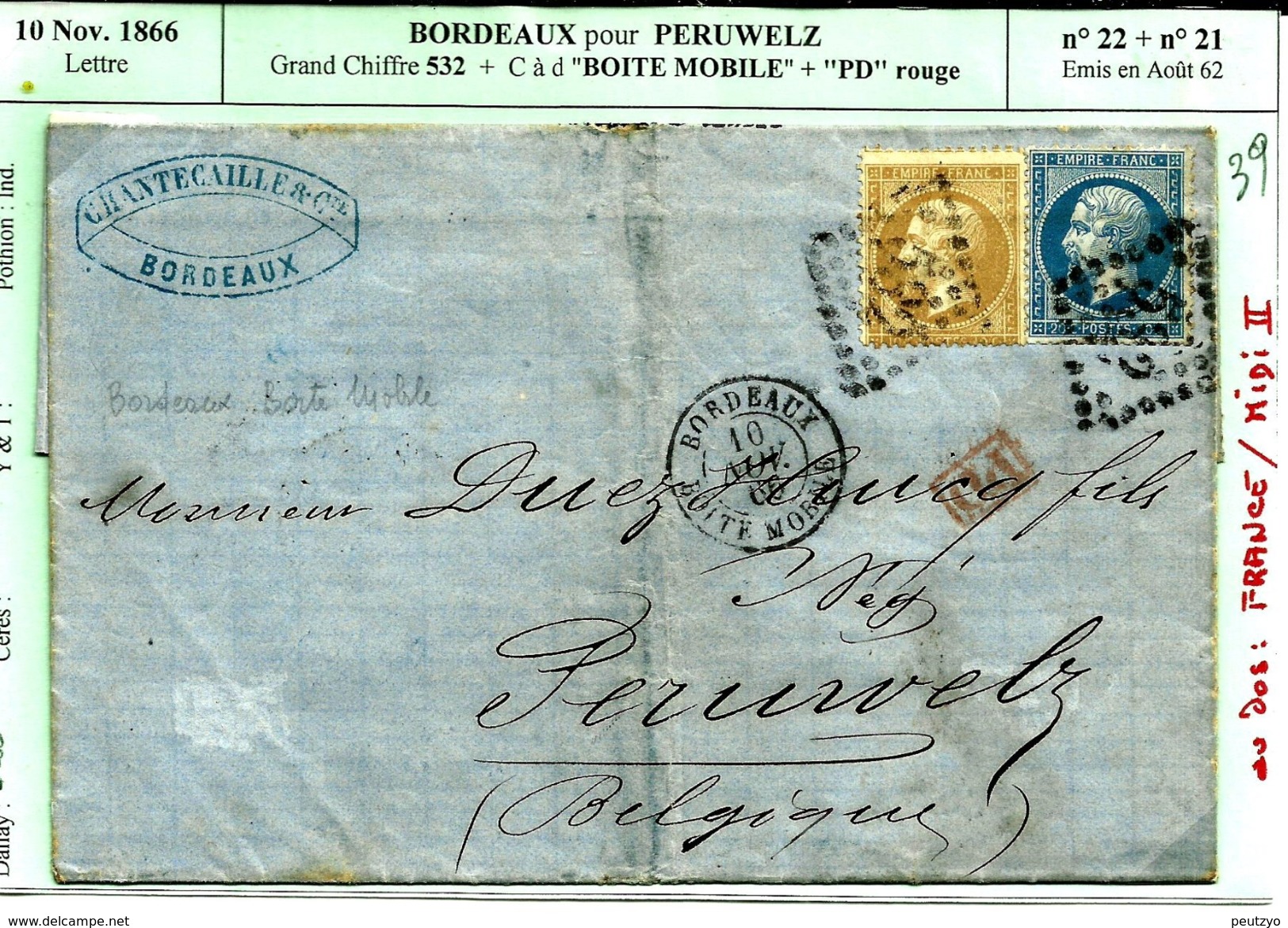 Lettre 10 Nov 1866 Bordeaux Pour Peruwelz ( Belgique) Gc 532  Pp Rouge N°39 - 1863-1870 Napoléon III Lauré