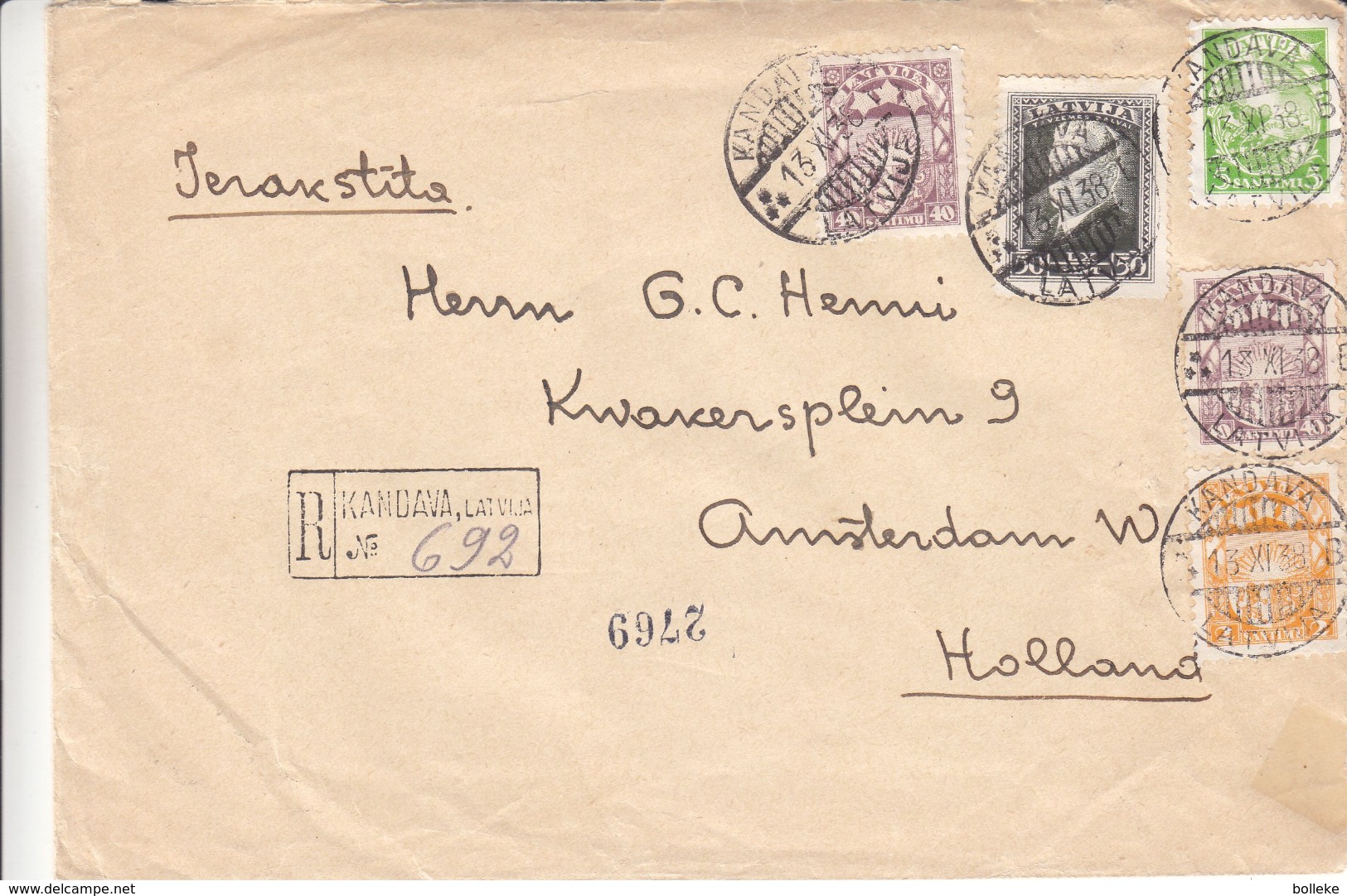 Lettonie - Lettre Recom De 1938 ° - Oblit Kandava - Exp Vers Amsterdam - Avec Vignette De Fermeture - Letland