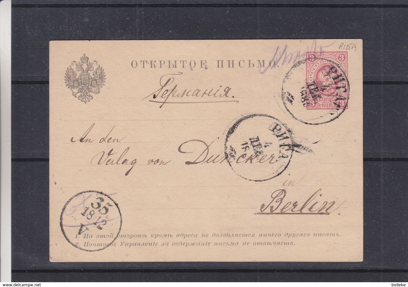 Russie - Lettonie - Carte Postale De 1885 - Entier Postal - Oblit Riga - Exp Vers Berlin - Valeur 15 &euro; En ....2005 - Briefe U. Dokumente