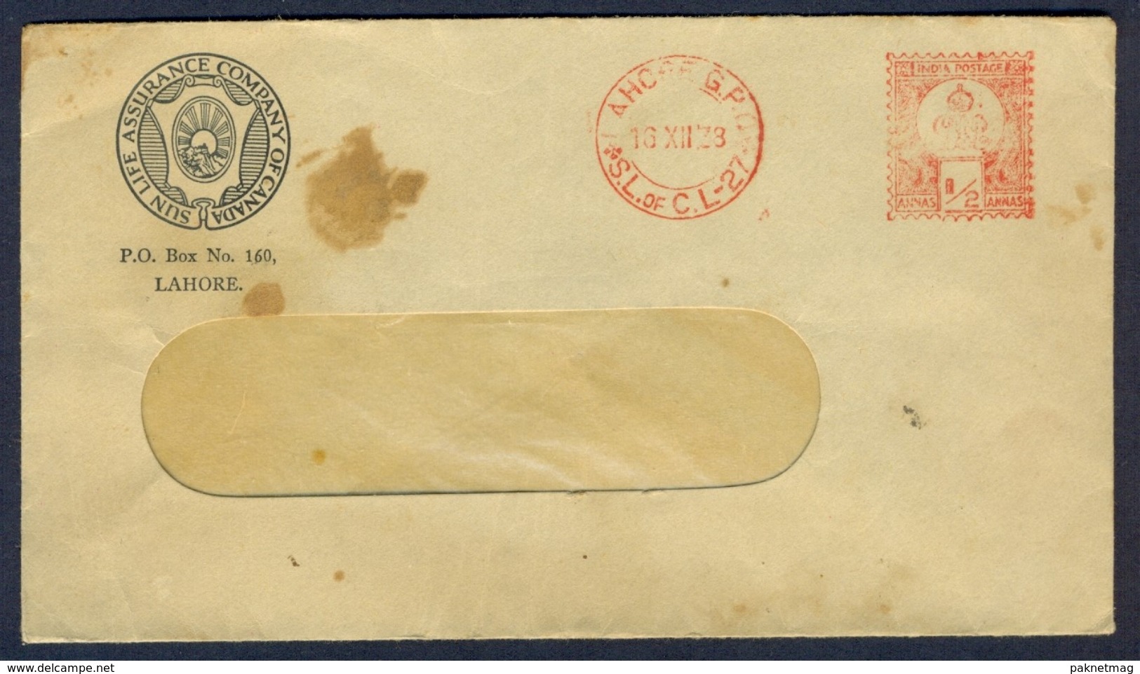 D305- British India Postal Used Envelope. Post To Lahore Pakistan. - Other & Unclassified