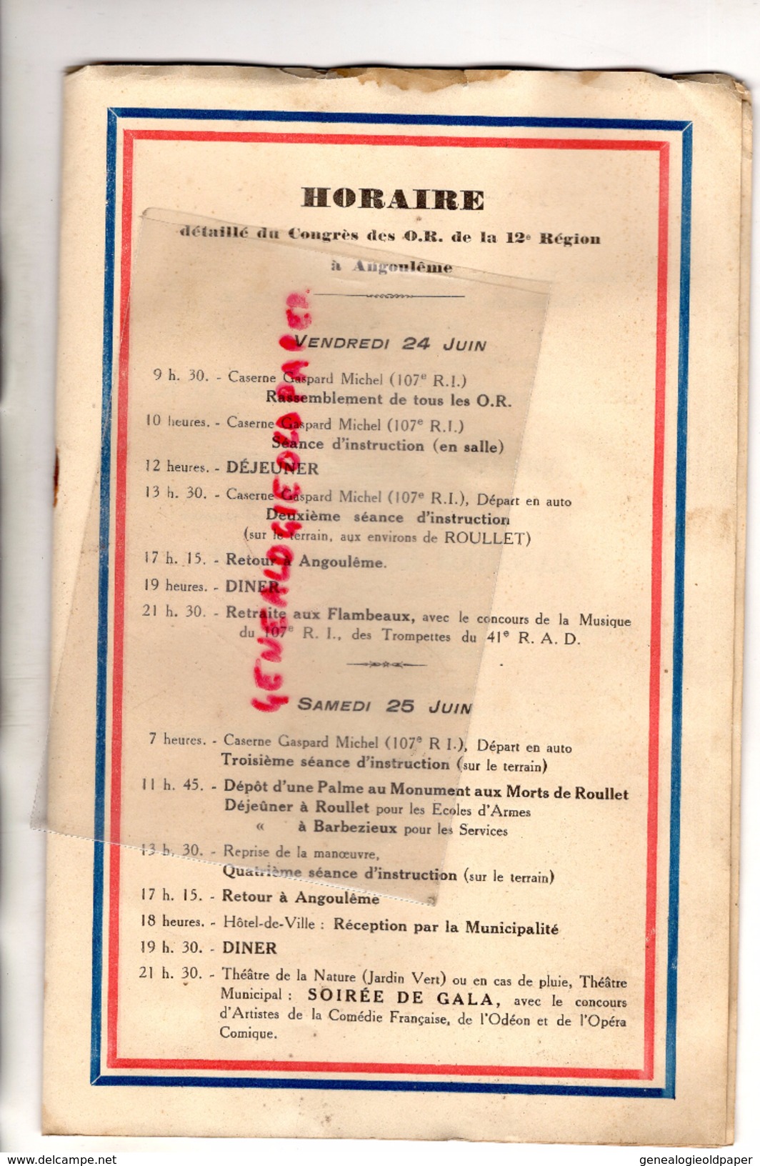 16- ANGOULEME- CONGRES FEDERATION REGIONALE DES ASSOCIATIONS D'O.R. DE LA 12E REGION-1932- GENERAL DUFIEUX ET LAGRUE - Historical Documents