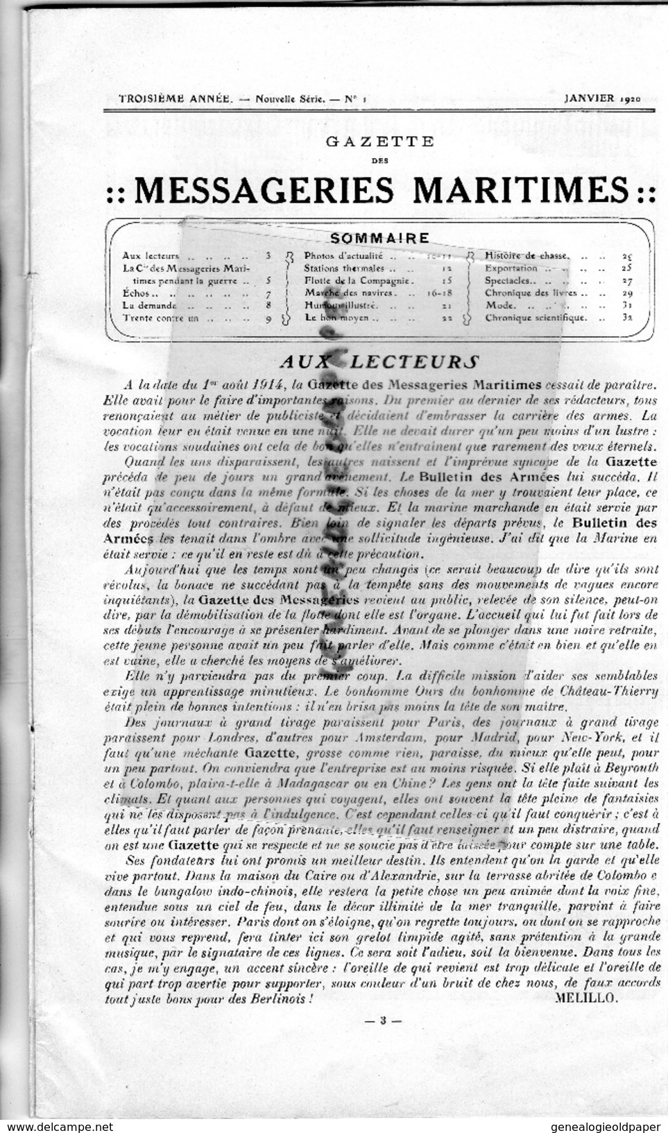 BATEAU - GAZETTE MESSAGERIES MARITIMES- JANVIER 1920- L' ARRIVEE DU PAQUEBOT PAUL LECAT A SAIGON- SAUPIQUET NANTES-