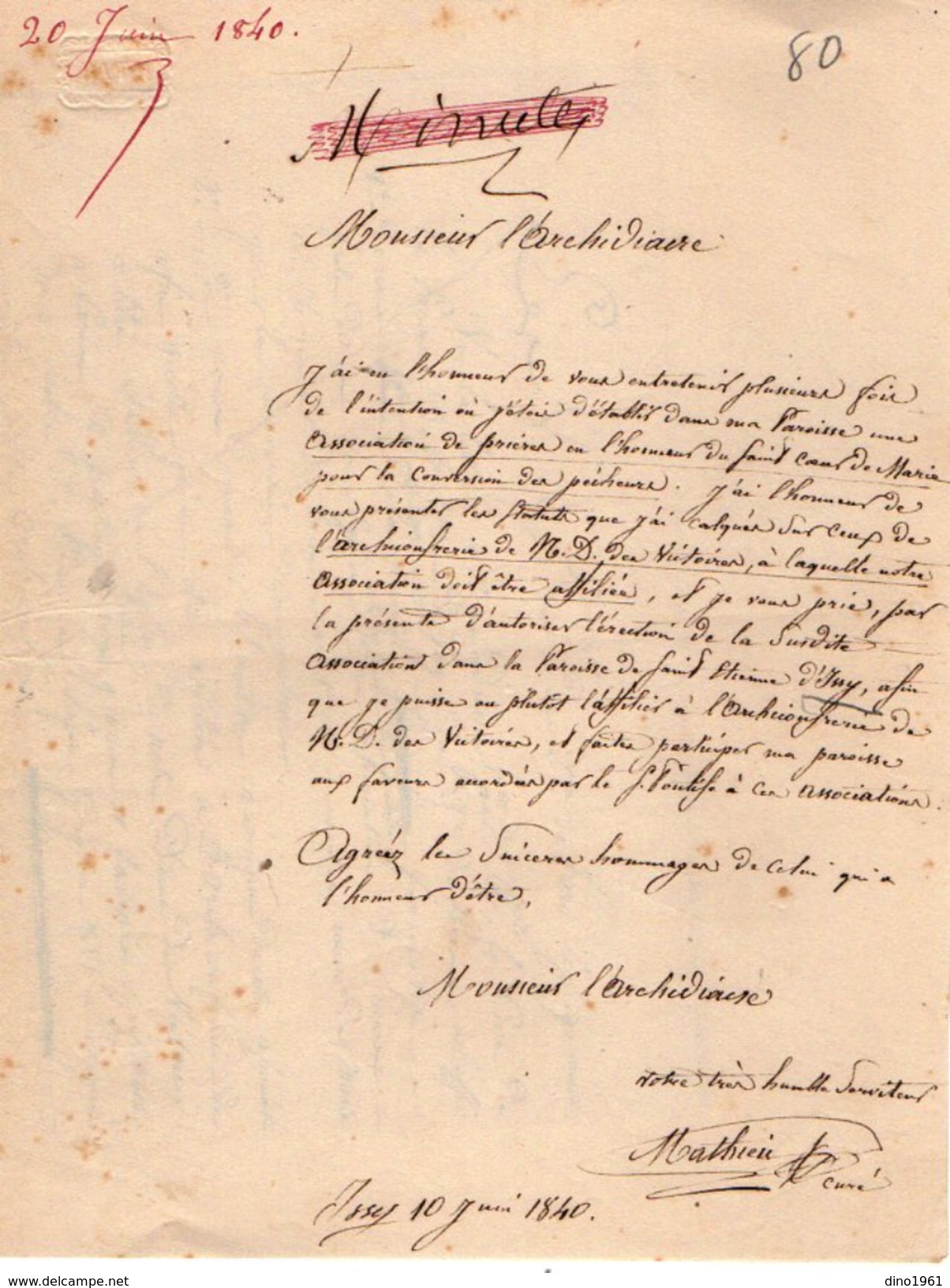 VP10.262 - 1840 - Copie & Lettre De Mr MATHIEU Curé De D'ISSY Pour Mr L'Archidiacre MOREL De SAINT DENIS - Religion &  Esoterik