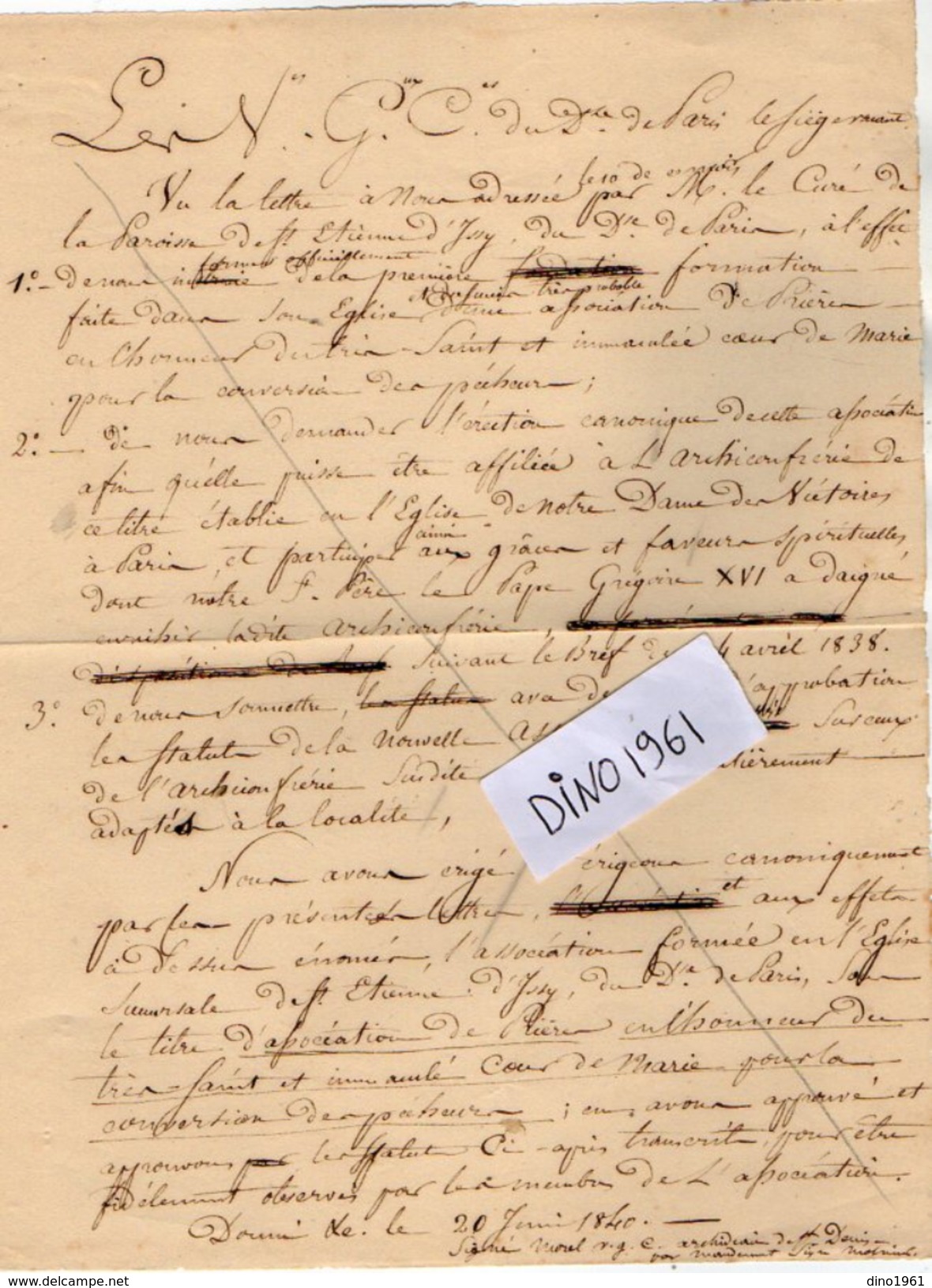 VP10.262 - 1840 - Copie & Lettre De Mr MATHIEU Curé De D'ISSY Pour Mr L'Archidiacre MOREL De SAINT DENIS - Religión & Esoterismo