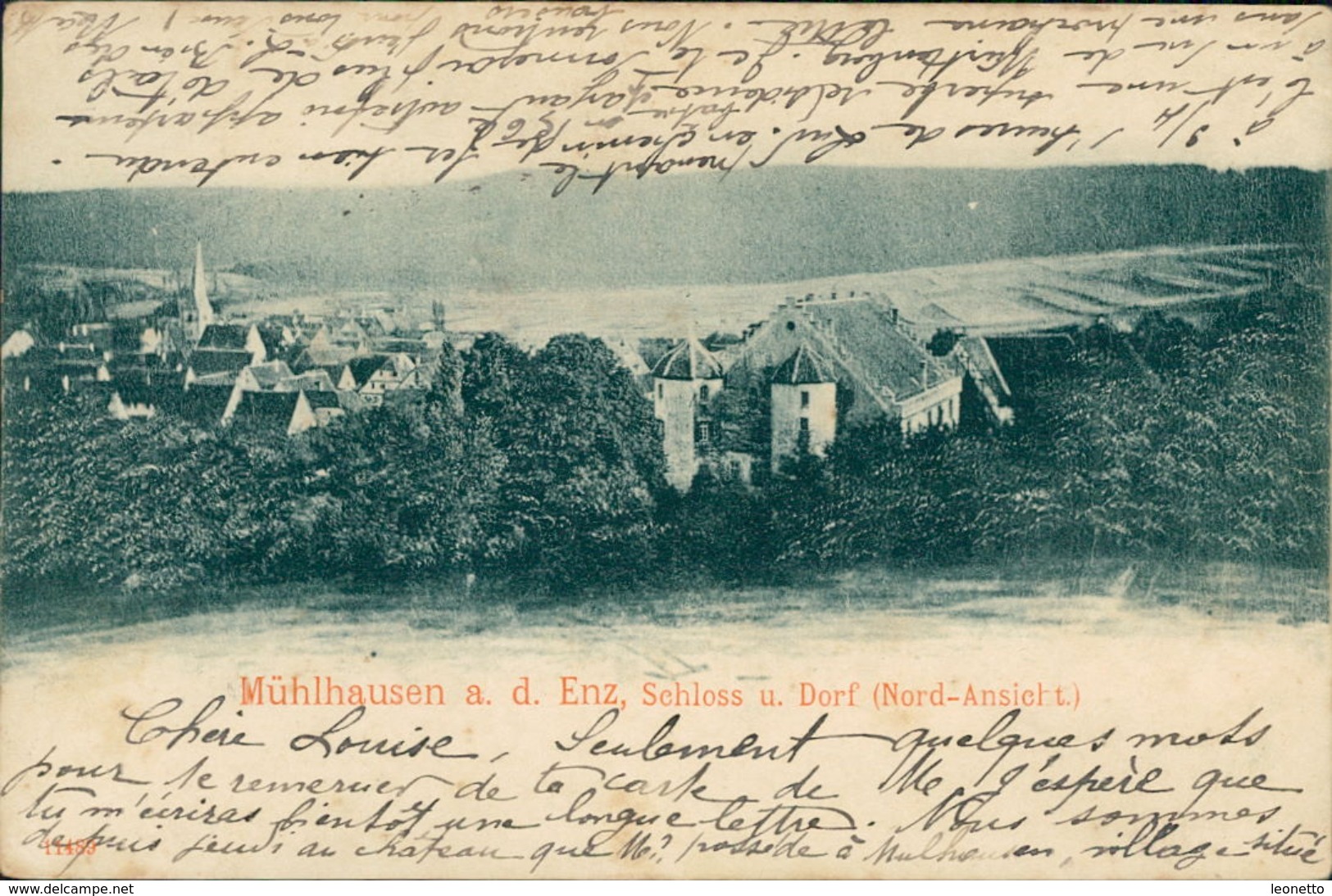 AK Mühlacker Mühlhausen An Der Enz, Schloss U. Dorf (Nord-Ansicht), O 1900, Briefmarke Entfernt, Fleckig (18576) - Mühlacker