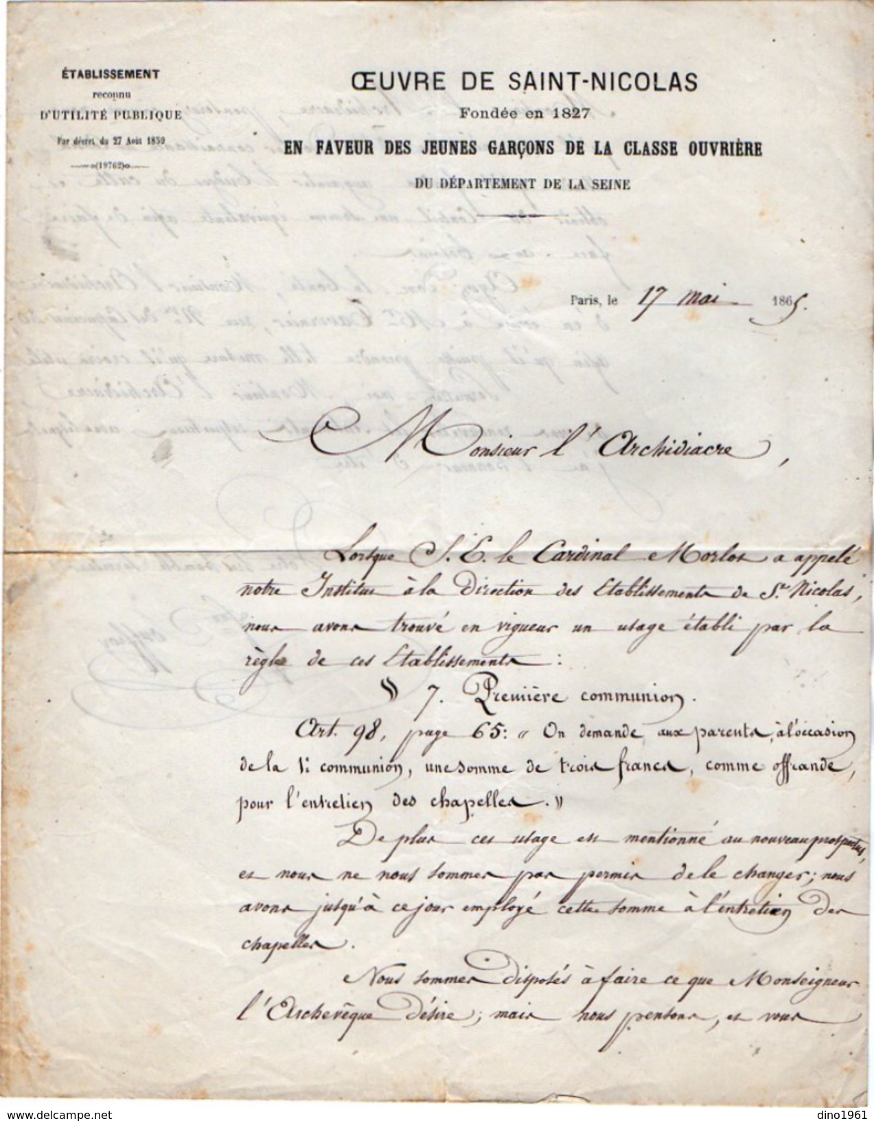 VP10.263 -1865  2 Lettres De L'Oeuvre De Saint Nicolas En Faveur Des Jeunes Garçons De La Classe Ouvrière à PARIS & ISSY - Religion & Esotérisme