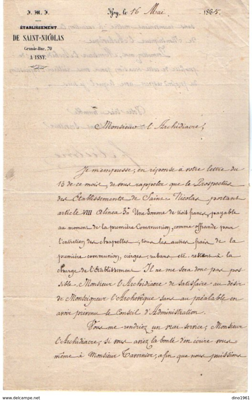 VP10.263 -1865  2 Lettres De L'Oeuvre De Saint Nicolas En Faveur Des Jeunes Garçons De La Classe Ouvrière à PARIS & ISSY - Religion & Esotérisme