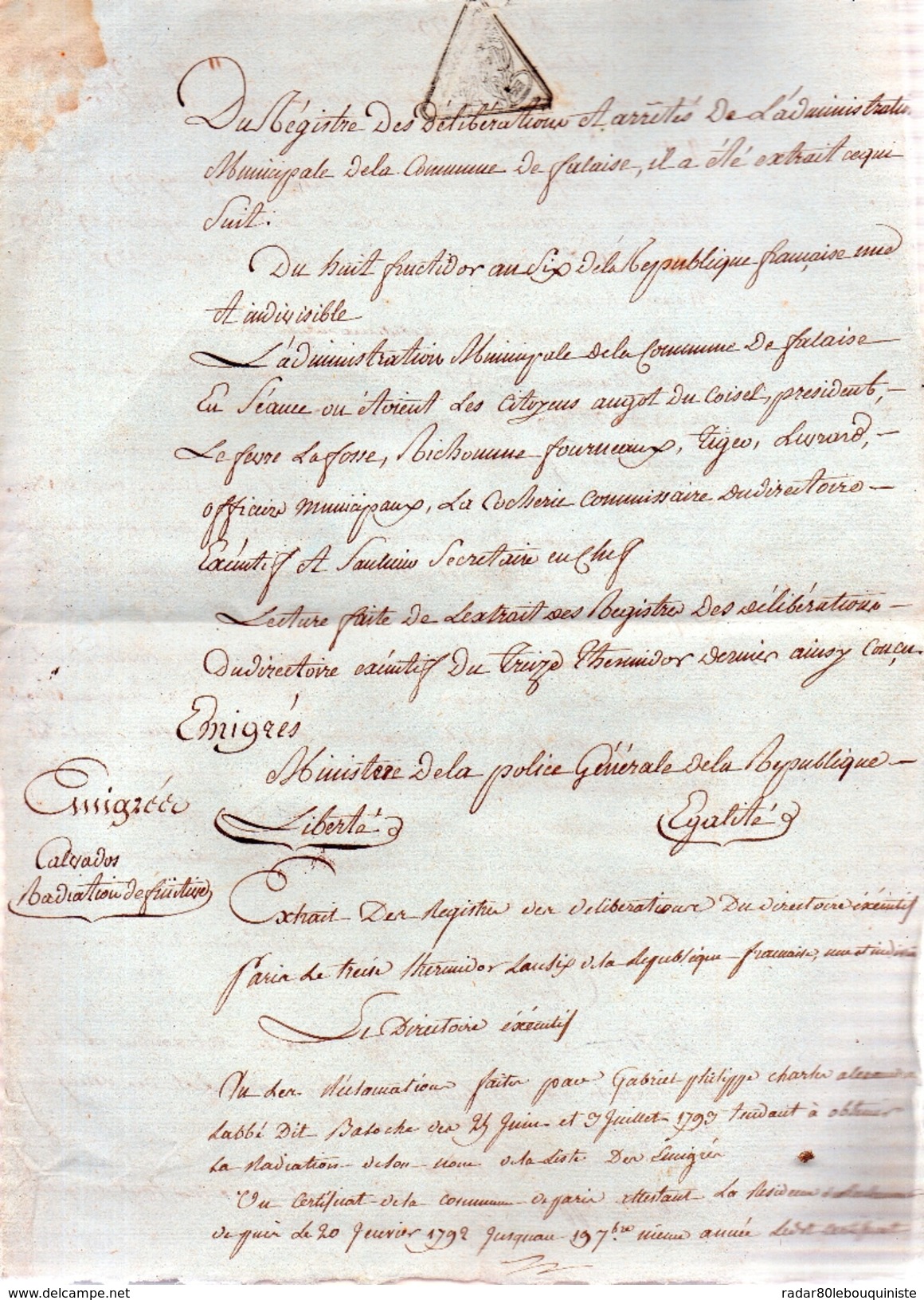 Gabriel-Philippe-Charles-Alexandre Labbé Dit Bazoche.Radiation De Son Nom De La Liste Des émigrés.FALAISE,An Six. - Documents Historiques