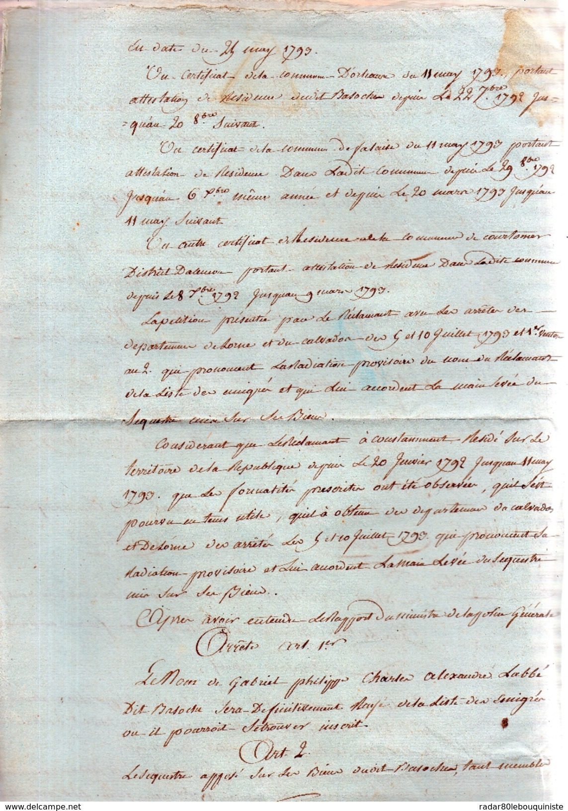 Gabriel-Philippe-Charles-Alexandre Labbé Dit Bazoche.Radiation De Son Nom De La Liste Des émigrés.FALAISE,An Six. - Documents Historiques