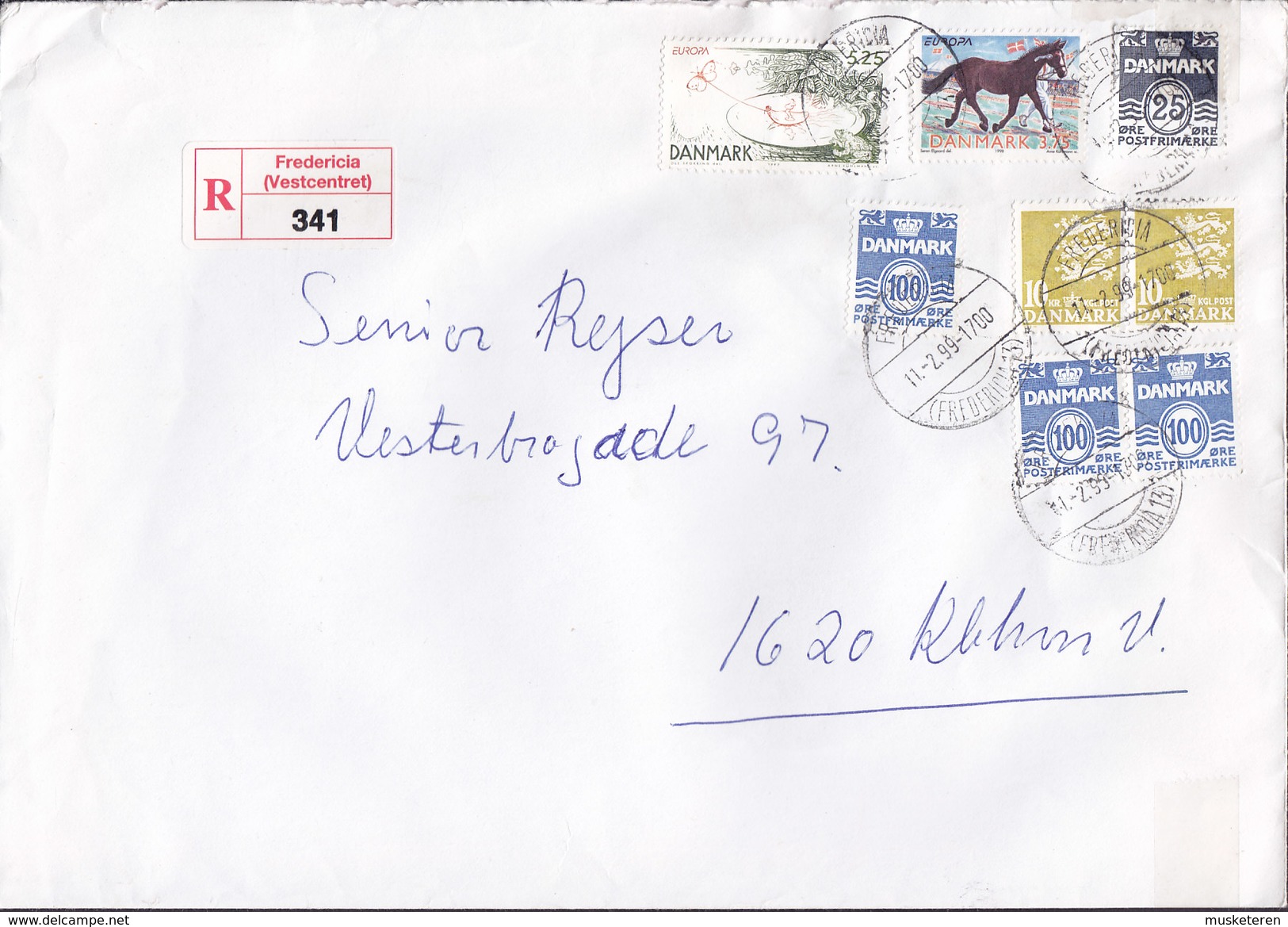 Denmark Registered Einschreiben Recommandé Label FREDERICIA (Vestcentret) 1999 Cover Brief 2x Europa CEPT Stamps - Briefe U. Dokumente
