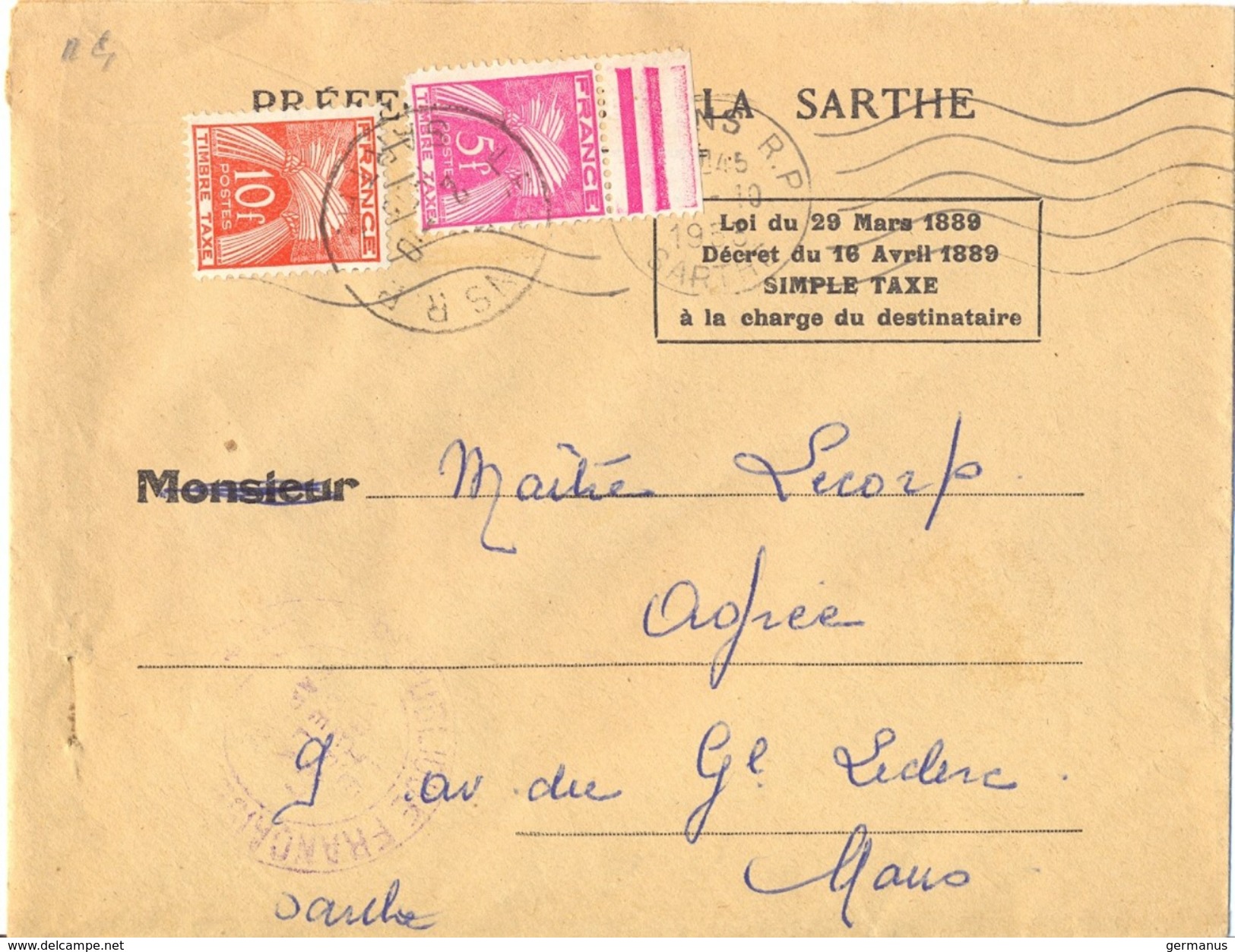 PREFECTURE DE LA SARTHE Loi Du 29 Mars 1889 ... SIMPLE TAXE à La Charge Du Destinataire SECAP + TàD LE MANS 10-1953 - 1859-1959 Brieven & Documenten