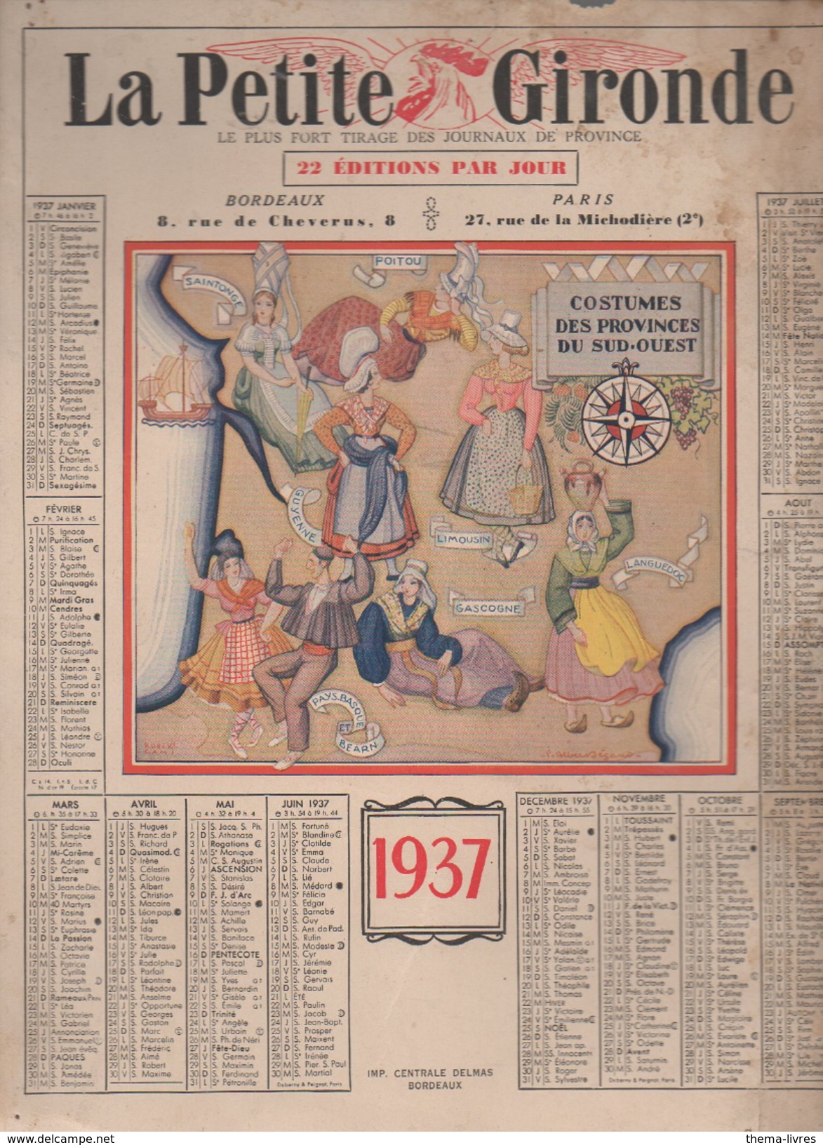 Calendrier LA PETITE GIRONDE 1937,  (F.GF 0709) - Grand Format : 1921-40