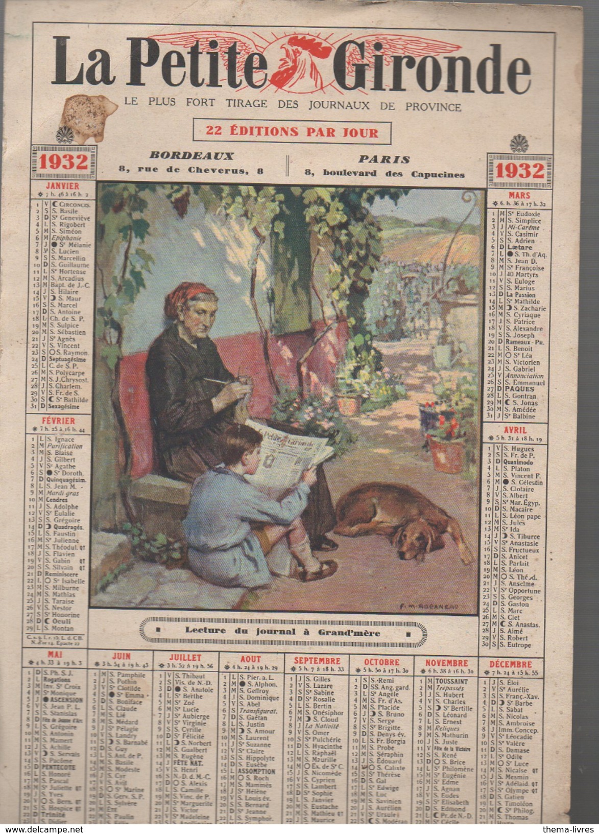 Calendrier LA PETITE GIRONDE 1932,  (F.GF 0710) - Grand Format : 1921-40
