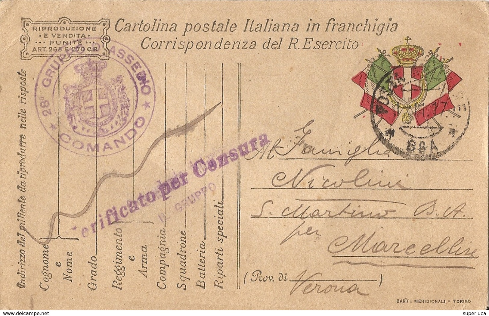 2-CARTOLINA POSTALE ITALIANA IN FRANCHIGIA-28 GRUPPO ASSEDIO-COMANDO - Franchigia