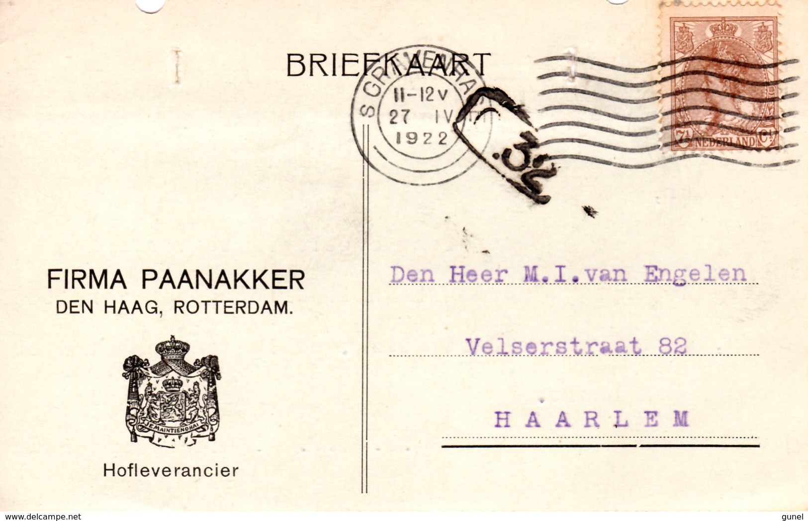 1922 Bk Met Firmalogo Van DEN HAAG/ROTTERDAM Naar Haarlem - Poststempel