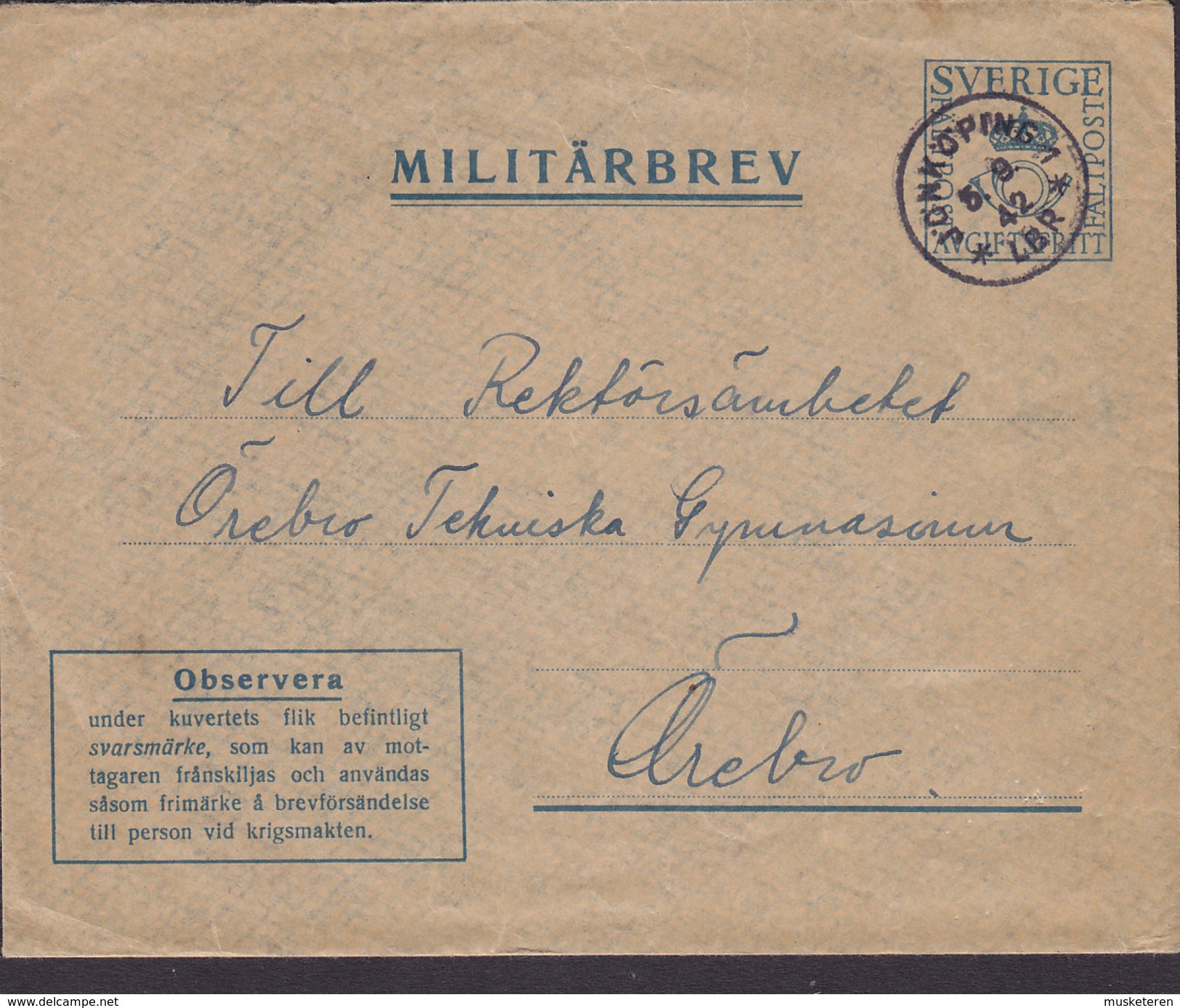 Sweden Feldpost Fieldpost Militärbrev JÖNKÖPING LBR. 1942 Cover Brief ÖREBRO (2 Scans) - Military