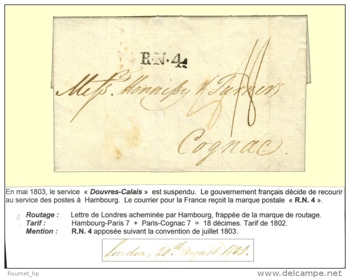 Lettre Avec Texte Dat&eacute; De Londres Le 20 Ao&ucirc;t 1805 Achemin&eacute;e Par Hambourg Pour Cognac, Au Recto... - Sonstige & Ohne Zuordnung