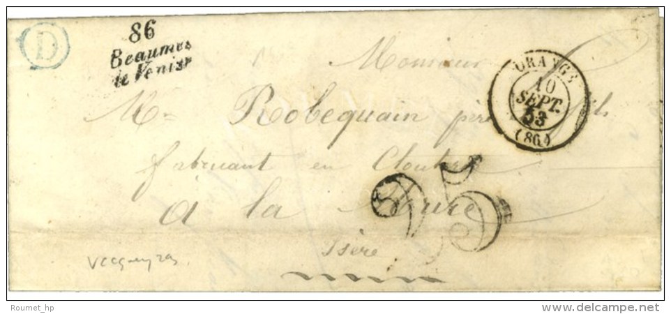 86 / Beaumes / De Venise C&agrave;d T 15 ORANGE (86) Taxe 25 DT B. RUR. D Bleu '' Vaquemas ''. 1853. - SUP. - Sonstige & Ohne Zuordnung