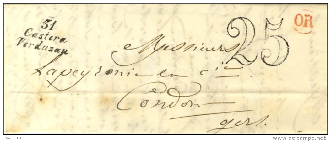 31 / Castera / Verduzan Taxe 25 DT OR Rouge '' Bronas '' Sur Lettre Pour Condom. 1853. - SUP. - Sonstige & Ohne Zuordnung