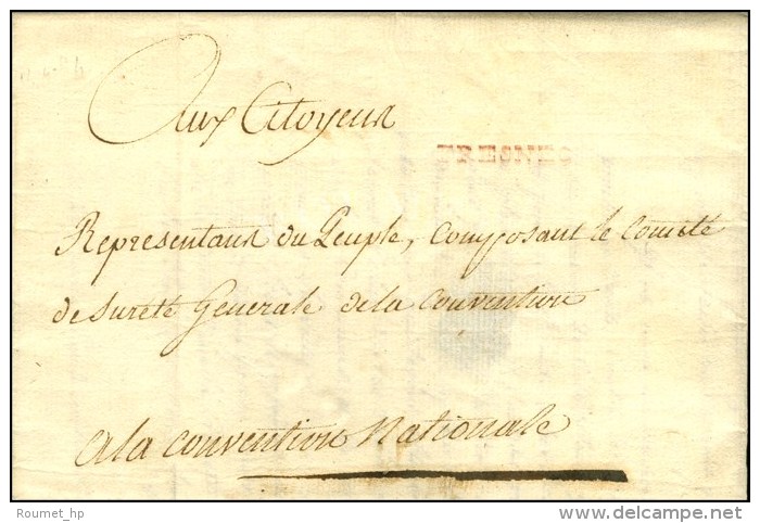 FRESNES Rouge Sur Lettre Avec Texte Dat&eacute; 1794 Adress&eacute;e En Franchise &agrave; La Convention Nationale.... - 1701-1800: Vorläufer XVIII