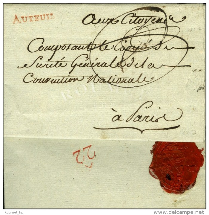 AUTEUIL Rouge Sur Lettre Avec Texte Dat&eacute; An 2. Au Verso, Cachet De Cire Ma&ccedil;onnique COMITE DE... - 1701-1800: Vorläufer XVIII