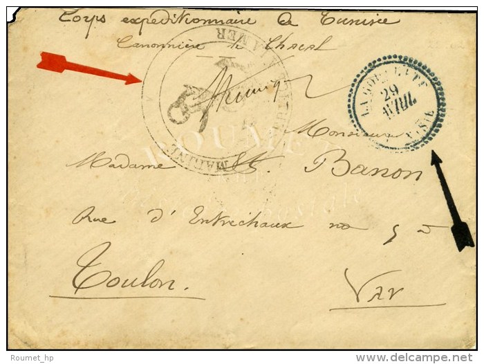 C&agrave;d Bleu T 22 LA GOULETTE / TUNISIE Sur Lettre En Franchise Militaire. Au Recto, Grand Cachet MARINE /... - Army Postmarks (before 1900)