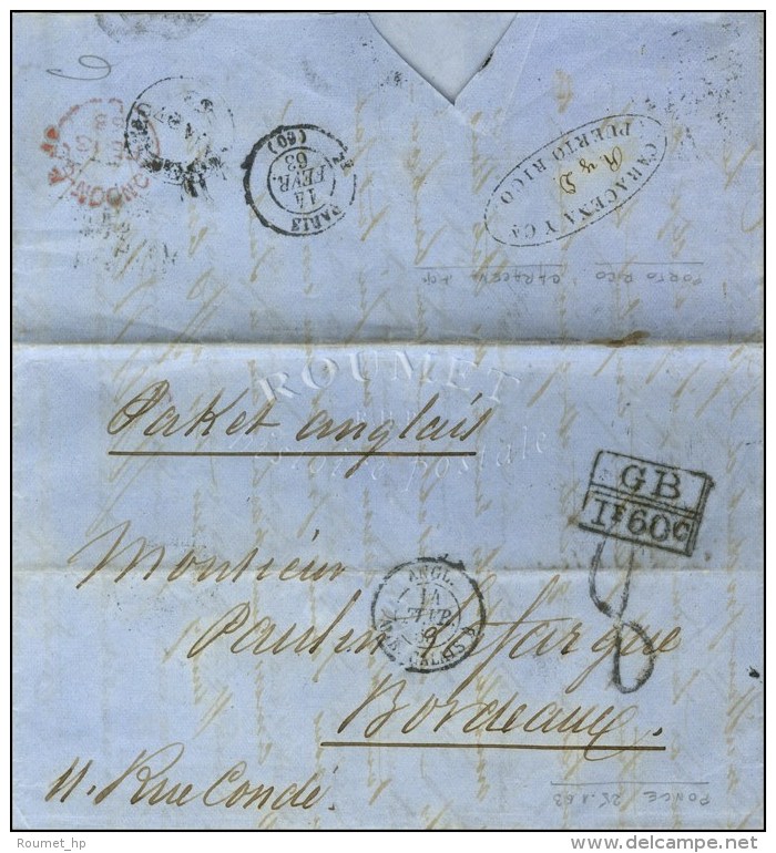 Lettre Avec Texte Dat&eacute; De Ponce (Porto Rico) Le 25 Janvier 1863 Adress&eacute;e &agrave; Bordeaux, Au Verso... - Schiffspost