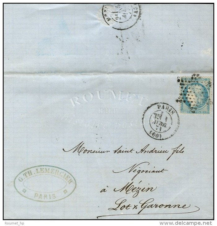 Etoile / N&deg; 37 C&agrave;d PARIS (60) 1 AVRIL 71 Sur Lettre Pour M&eacute;zin (Lot Et Garonne), C&agrave;d... - Krieg 1870