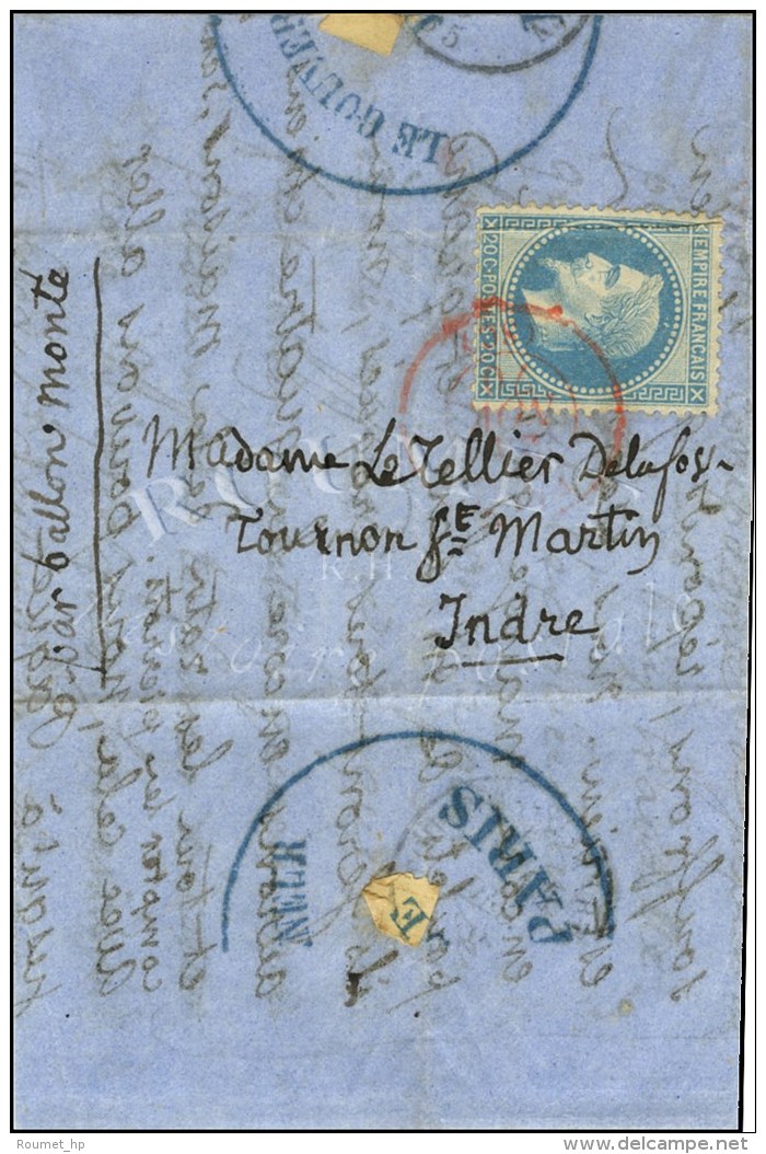 C&agrave;d Rouge PARIS SC 24 NOV. 70 / N&deg; 29 (l&eacute;ger Pli) Sur Lettre Pour Tournon St Martin. Au Verso,... - Krieg 1870