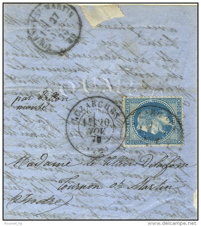 Lettre Avec Texte Dat&eacute; De Paris Le 12 Novembre Au Matin Adress&eacute;e &agrave; Tournon St Martin.... - War 1870