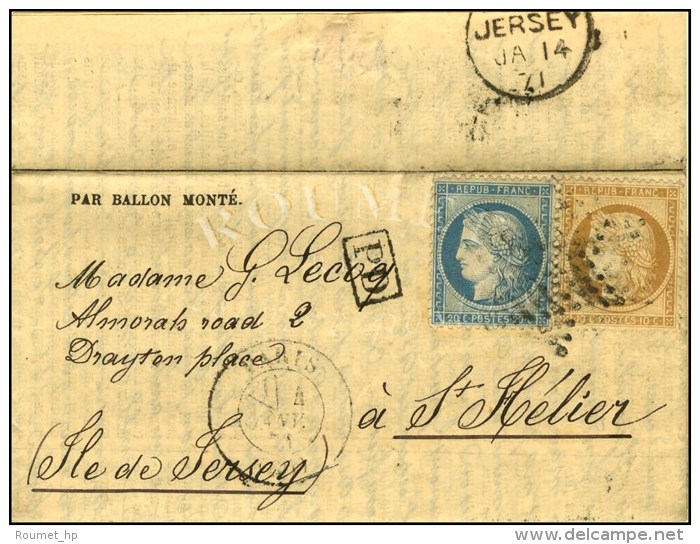 Etoile / N&deg; 36 + 37 C&agrave;d PARIS (60) 4 JANV. 71 Sur Gazette N&deg; 22 Pour St Helier (Jersey). Au Verso,... - Krieg 1870