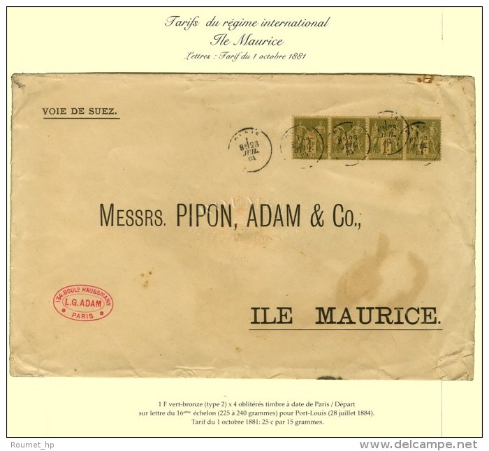 C&agrave;d PARIS / DEPART / N&deg; 82 Bande De 4 Sur Lettre Au 16&egrave;me &eacute;chelon Pour Port Louis. 1884. -... - Autres & Non Classés