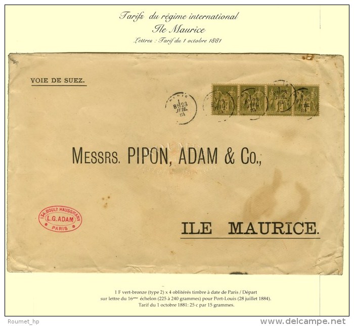 C&agrave;d PARIS / DEPART / N&deg; 82 Bande De 4 Sur Lettre Au 16&egrave;me &eacute;chelon Pour Port Louis. 1884. -... - Sonstige & Ohne Zuordnung