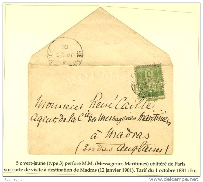 C&agrave;d PARIS / N&deg; 102 Perforation MM (messageries Maritimes) Sur Carte De Visite Pour Madras. 1901. - TB. - Autres & Non Classés