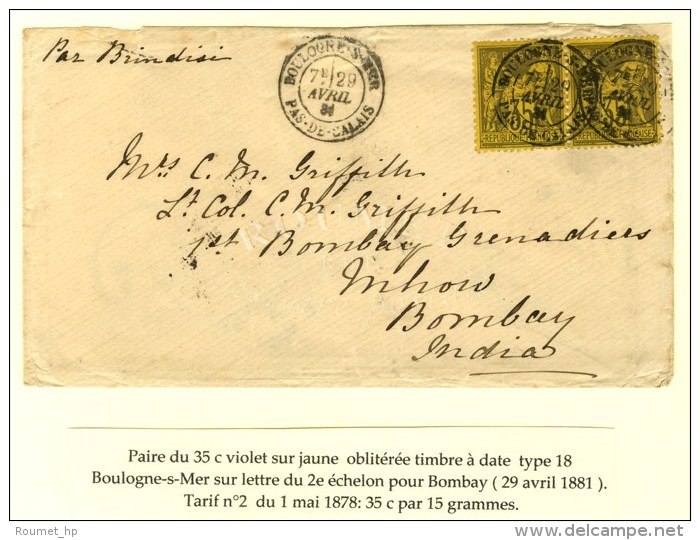 C&agrave;d BOULOGNE-S-MER / PAS DE CALAIS / N&deg; 93 Paire Sur Lettre 2 Ports Pour Bombay. 1881. - SUP. - R. - Andere & Zonder Classificatie