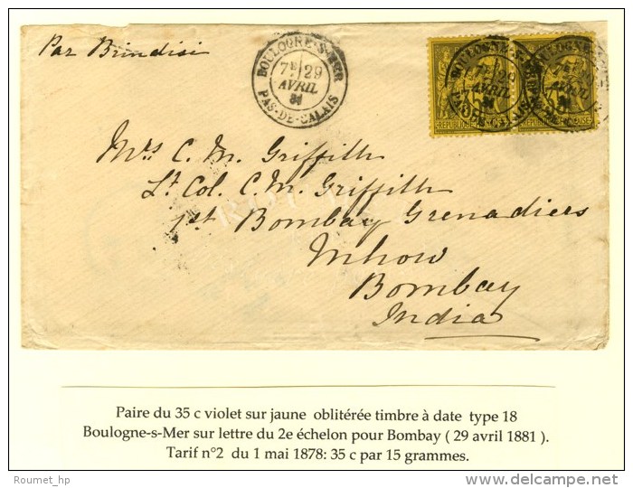 C&agrave;d BOULOGNE-S-MER / PAS DE CALAIS / N&deg; 93 Paire Sur Lettre 2 Ports Pour Bombay. 1881. - SUP. - R. - Sonstige & Ohne Zuordnung